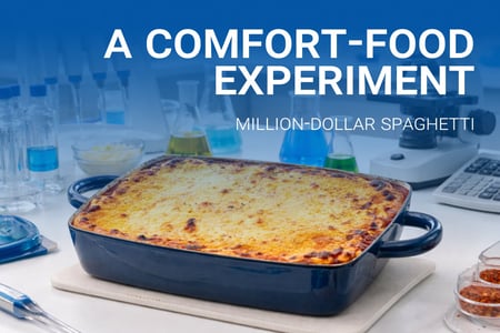 Million-dollar spaghetti baked in a casserole dish on a laboratory bench, surrounded by lab equipment, illustrating a comfort-food experiment theme.