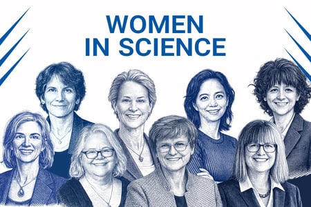 Poster titled “Women in Science” featuring a group of eight women illustrated in a blue engraving style. The women are shown from the shoulders up, smiling and facing forward, arranged in two rows. They vary in age, hairstyle, and appearance, wearing professional clothing such as blazers, sweaters, and glasses. The background is white, and the title “WOMEN IN SCIENCE” appears in bold blue capital letters above the group, emphasizing diversity, professionalism, and representation in science.