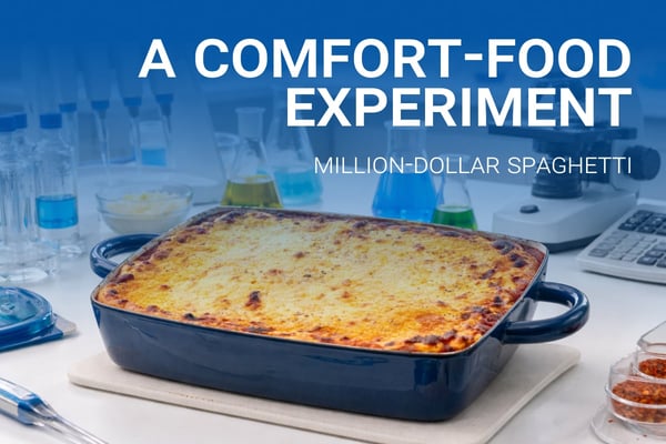 Million-dollar spaghetti baked in a casserole dish on a laboratory bench, surrounded by lab equipment, illustrating a comfort-food experiment theme.