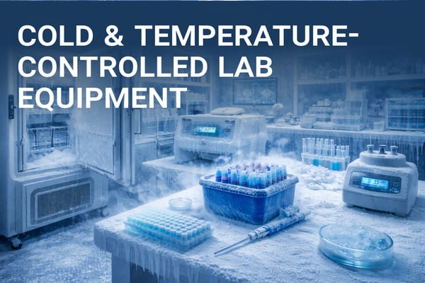 Banner image with the title “Cold & Temperature-Controlled Lab Equipment” over a frozen laboratory scene featuring a frost-covered ultra-low temperature freezer, benchtop lab instruments, racks of sample tubes, and icy work surfaces.
