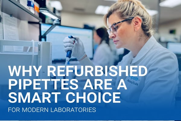 Scientist using a micropipette in a laboratory, illustrating refurbished pipettes for modern labs