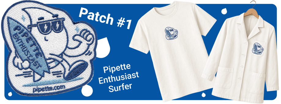 Promotional image for "Patch #1 – Pipette Enthusiast Surfer" featuring an embroidered patch of a droplet character with sunglasses holding a surfboard. The patch is shown prominently on the left, with mockups of the design on a white T-shirt and a lab coat on the right. The background is blue with white droplets, and the text highlights the patch name and release.