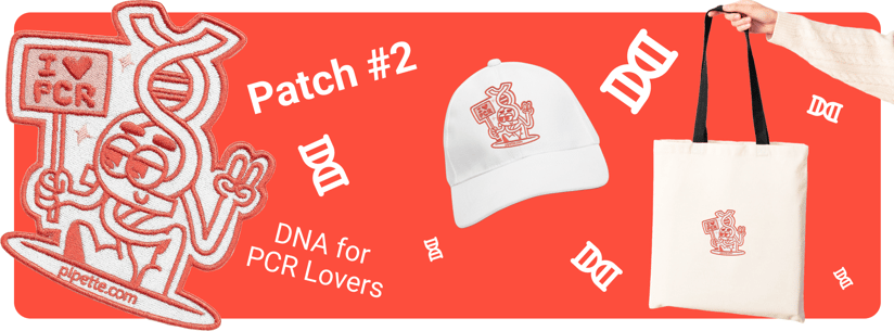 Promotional graphic for Patch #2 in the Pipette.com patch series, featuring an embroidered design of a smiling DNA character holding a sign that says "I ❤️ PCR." The patch is displayed prominently on the left, with mockups of the same design on a white cap and a canvas tote bag to the right. The background is bright red with floating DNA icons and text that reads “DNA for PCR Lovers” and “Patch #2.”