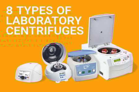 Image with orange background showing the text '8 Types of Laboratory Centrifuges' and four different centrifuge models in the foreground, including small benchtop, microcentrifuge, medium-sized, and large floor centrifuge with open lids displaying sample holders.