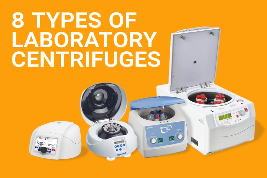 Image with orange background showing the text '8 Types of Laboratory Centrifuges' and four different centrifuge models in the foreground, including small benchtop, microcentrifuge, medium-sized, and large floor centrifuge with open lids displaying sample holders.