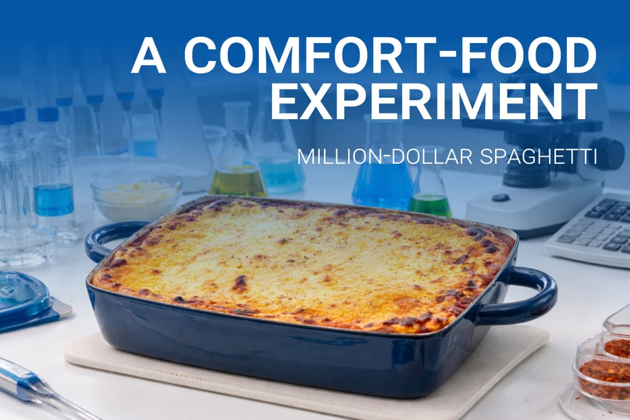 Million-dollar spaghetti baked in a casserole dish on a laboratory bench, surrounded by lab equipment, illustrating a comfort-food experiment theme.