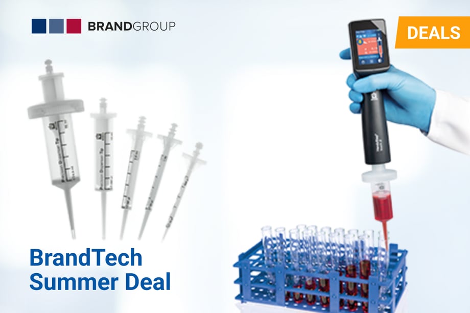 A promotional image for BrandTech's Summer Deal featuring laboratory equipment. On the left, several syringe-style pipettes are displayed. On the right, a gloved hand is operating an electronic pipette to dispense red liquid into test tubes held in a blue rack. The BrandGroup logo appears in the top left corner, and an orange 