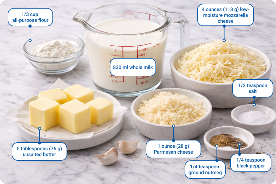 Béchamel sauce ingredients labeled on a countertop, including butter, flour, whole milk, mozzarella, Parmesan, salt, nutmeg, and black pepper.