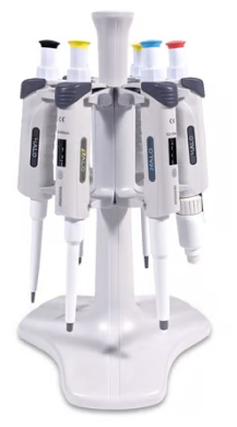 White rotating carousel stand holding six Halo™ single-channel pipettors with color-coded push buttons, displayed upright for organized benchtop storage.