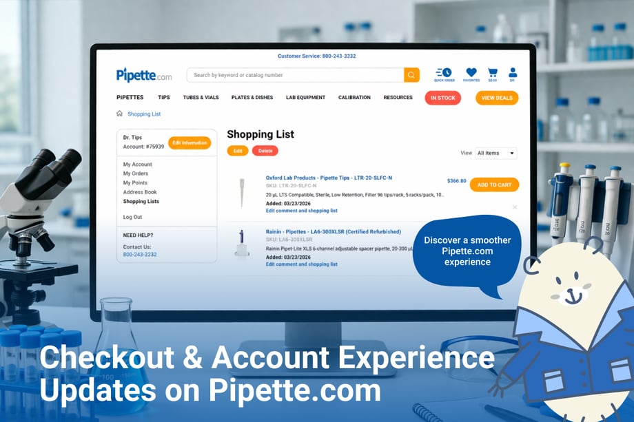 Monitor in a laboratory displaying Pipette.com shopping list page with checkout and account updates banner