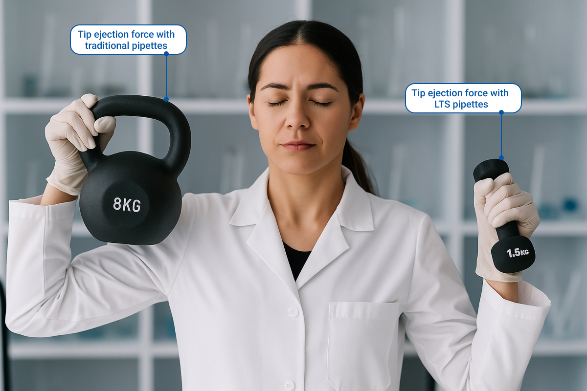 A female scientist in a lab coat with closed eyes holds a large 8 kg kettlebell in one hand and a small 1.5 kg dumbbell in the other. Labeled annotations highlight 'Tip ejection force with traditional pipettes' for the heavy weight and 'Tip ejection force with LTS pipettes' for the light weight, emphasizing the ergonomic difference in laboratory equipment.