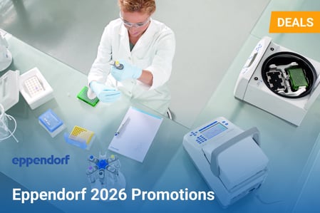 Overhead view of a scientist pipetting samples at a laboratory bench, surrounded by Eppendorf lab equipment including a centrifuge, thermal cycler, and pipettes, with text reading “Eppendorf 2026 Promotions” and a “Deals” banner in the corner.
