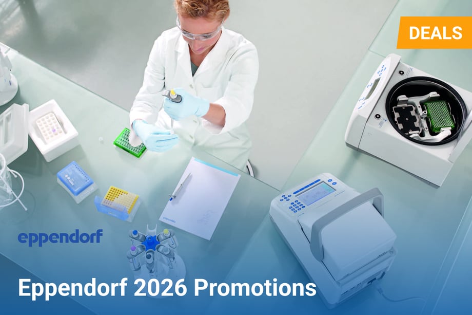 Overhead view of a scientist pipetting samples at a laboratory bench, surrounded by Eppendorf lab equipment including a centrifuge, thermal cycler, and pipettes, with text reading “Eppendorf 2026 Promotions” and a “Deals” banner in the corner.