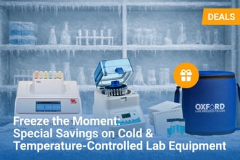 Promotional banner reading “Freeze the Moment: Special Savings on Cold & Temperature-Controlled Lab Equipment” over a frozen laboratory background, featuring a refrigerated microtube homogenizer, a benchtop centrifuge, cryo storage box with tubes, and a blue Oxford Lab Products insulated cooler bag labeled “Deals.”
