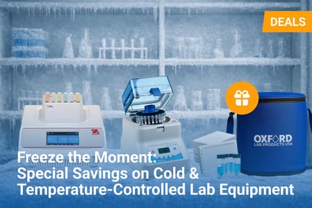 Promotional banner reading “Freeze the Moment: Special Savings on Cold & Temperature-Controlled Lab Equipment” over a frozen laboratory background, featuring a refrigerated microtube homogenizer, a benchtop centrifuge, cryo storage box with tubes, and a blue Oxford Lab Products insulated cooler bag labeled “Deals.”