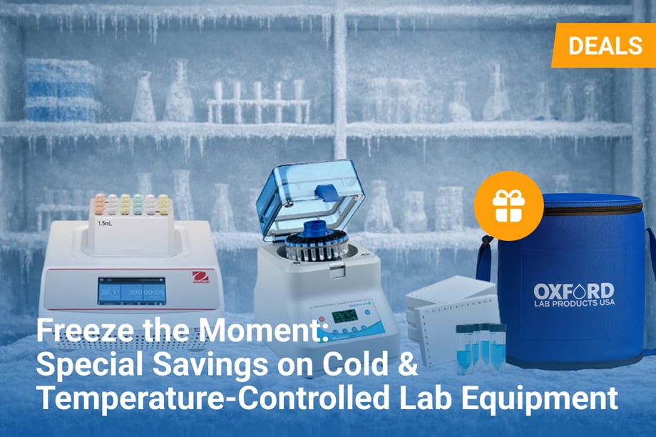 Promotional banner reading “Freeze the Moment: Special Savings on Cold & Temperature-Controlled Lab Equipment” over a frozen laboratory background, featuring a refrigerated microtube homogenizer, a benchtop centrifuge, cryo storage box with tubes, and a blue Oxford Lab Products insulated cooler bag labeled “Deals.”