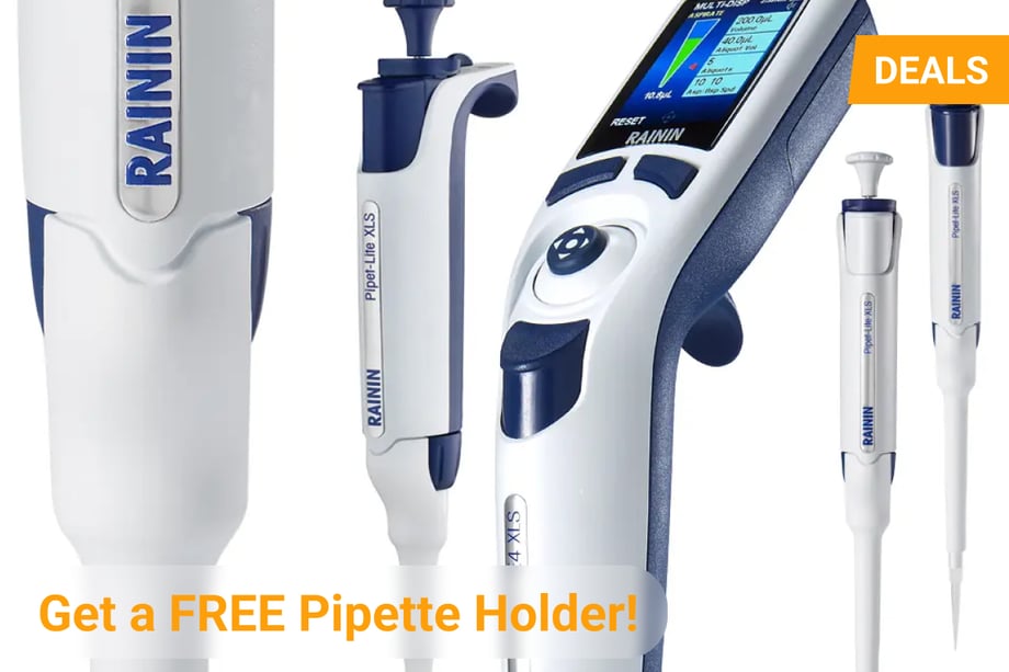A promotional banner featuring various Rainin pipettes with the text “Get a FREE Pipette Holder!” and an orange 
