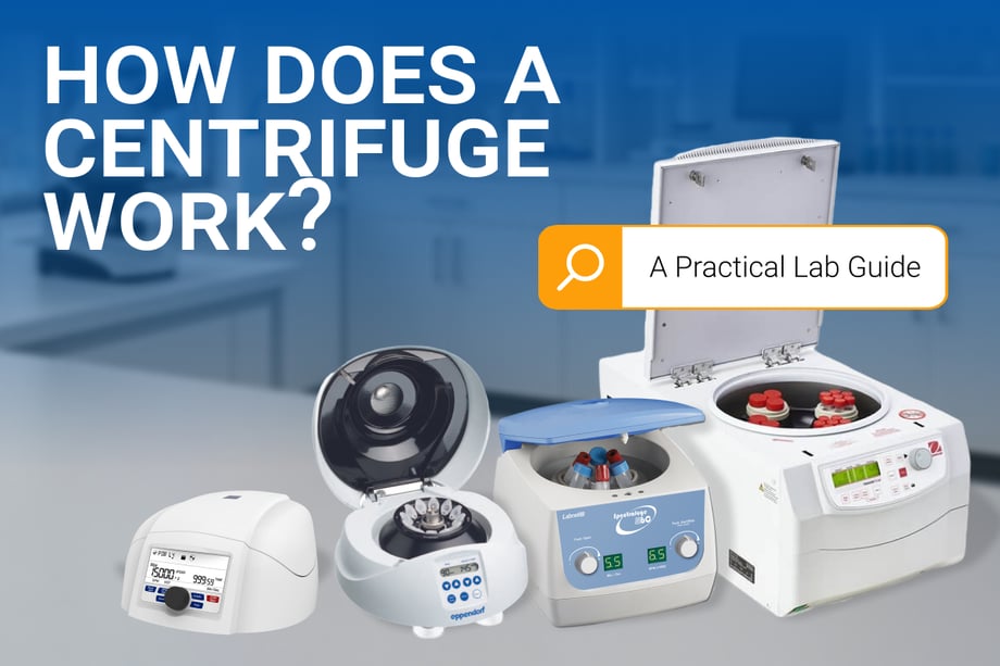 Promotional image titled “How Does a Centrifuge Work? A Practical Lab Guide,” showing several laboratory centrifuges with open lids and visible rotors and tubes on a lab bench background.