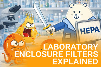Cartoon bear with HEPA filter shield fighting germs in a laboratory with “Laboratory Enclosure Filters Explained” text