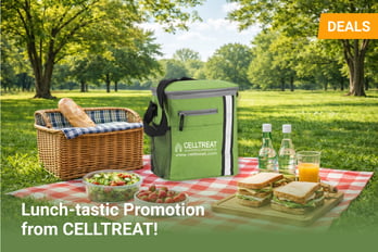 A sunny park picnic scene with a red-and-white checkered blanket laid on the grass, featuring a wicker basket with a baguette, a bowl of salad, strawberries, sandwiches on a wooden board, and bottles of water with a glass of orange juice. A green insulated lunch bag with the Celltreat logo sits in the center. Overlay text reads “Lunch-tastic Promotion from CELLTREAT!” with an orange “DEALS” label in the top corner.