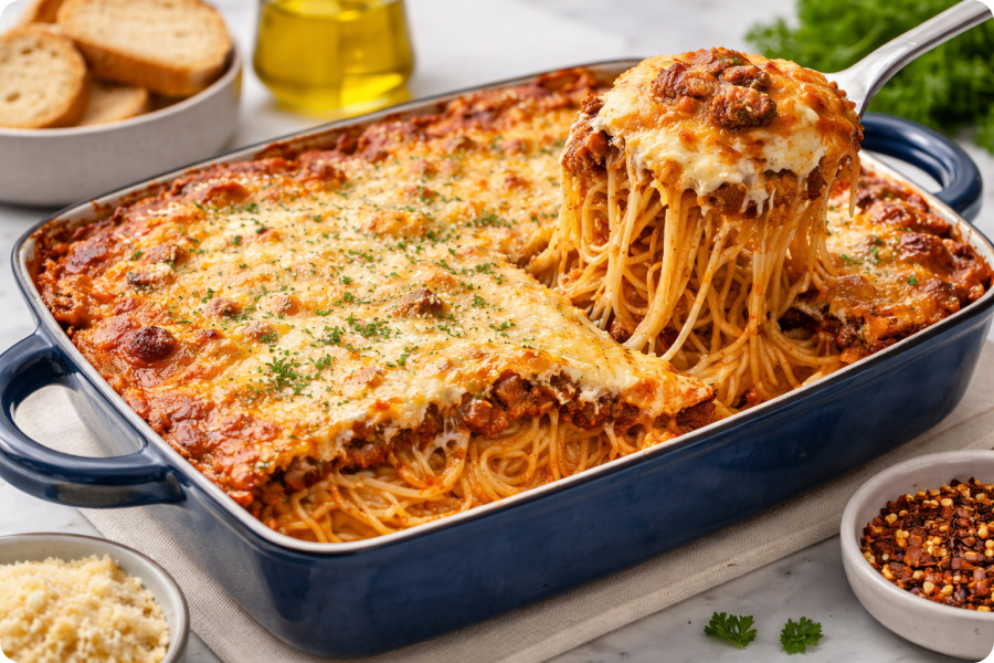 Million-dollar spaghetti baked in a casserole dish with layers of pasta, meat sauce, and melted cheese, shown with a lifted serving.