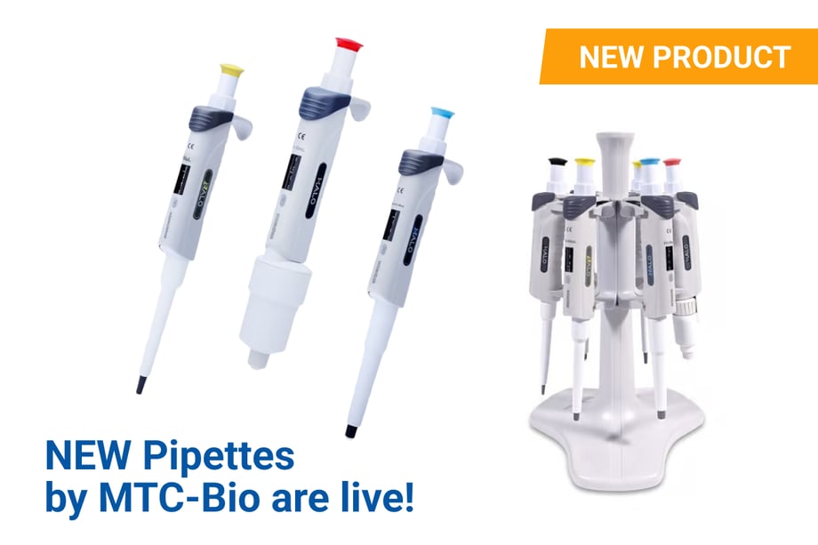 Three adjustable laboratory pipettes with colored push buttons shown alongside a rotating stand holding multiple pipettes; promotional banner reads “New Product” and “New Pipettes by MTC-Bio are live!