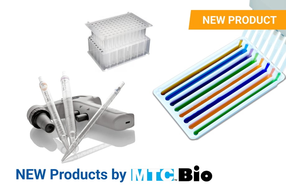 Promotional image featuring new laboratory products by MTC Bio. The layout shows serological pipettes and a pipette controller in the foreground, a 96-well plate rack in the background, and a tray of colorful multichannel reservoirs on the right. An orange banner in the top corner reads “NEW PRODUCT,” and the bottom text says “NEW Products by MTC Bio.”