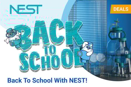 Back to School with NEST—promo banner with big teal lettering, orange “DEALS” tag, cartoon lab mascots, and bottles, flasks, and plates in the background.