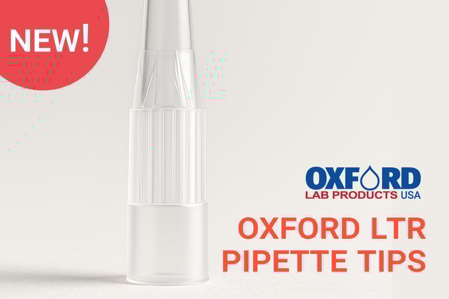 Clear pipette tip standing upright with text reading 