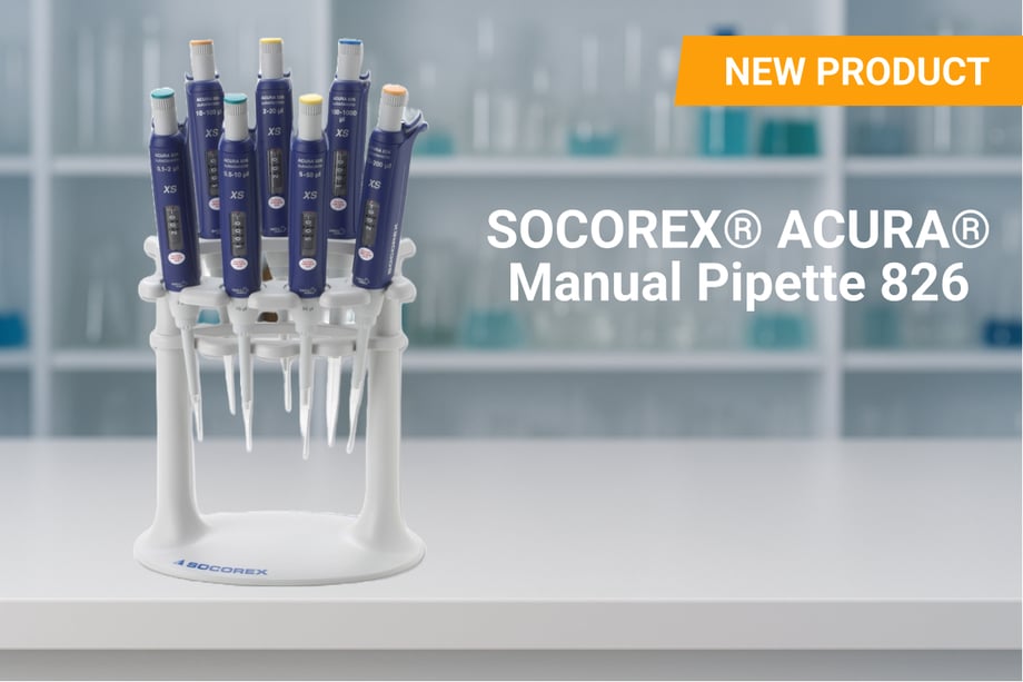 Image showing a set of eight SOCOREX® ACURA® Manual Pipette 826 micropipettes in a white rotating stand on a laboratory bench, with a blurred background of lab glassware and a prominent 'NEW PRODUCT' label in orange. The pipettes are neatly arranged with visible volume range indicators, emphasizing precision and ergonomic design for laboratory use.