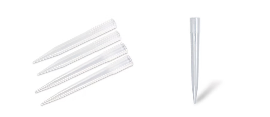 Clear disposable pipette tips shown in a small stack on the left, with a single pipette tip displayed upright on the right against a white background.