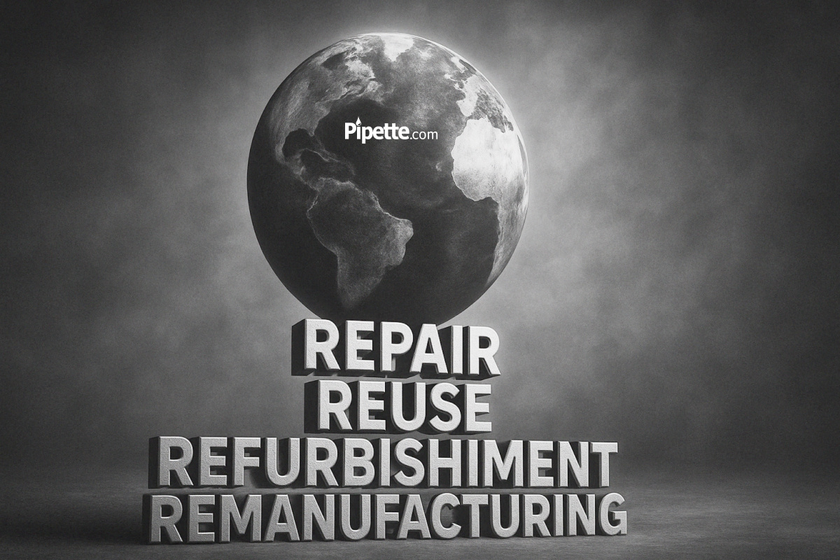 Earth resting on 3D text promoting sustainable lab solutions: repair, reuse, refurbishment, and remanufacturing