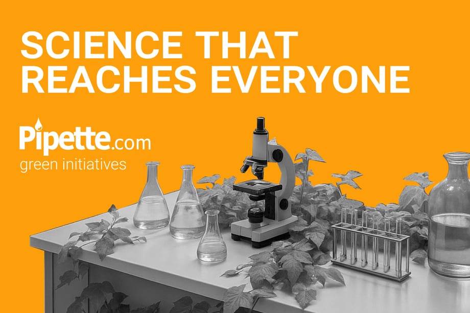 Promotional images for Pipette.com's green initiatives, featuring a laboratory scene with glassware, a microscope, and green plants against a bright orange background. The text 'SCIENCE THAT REACHES EVERYONE' is displayed, emphasizing accessibility and environmental responsibility.