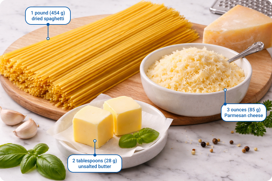 Ingredients for million-dollar spaghetti labeled on a countertop, including dried spaghetti, unsalted butter, and grated Parmesan cheese.