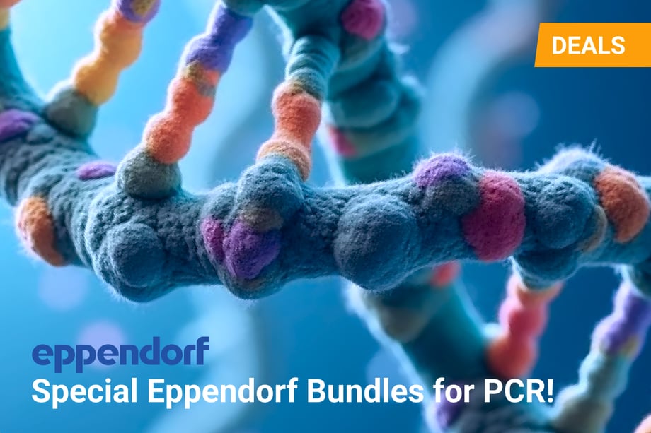 Close-up 3D illustration of a DNA double helix with colorful textured strands, overlaid with the Eppendorf logo and text reading “Special Eppendorf Bundles for PCR!” alongside a yellow banner labeled “DEALS.”