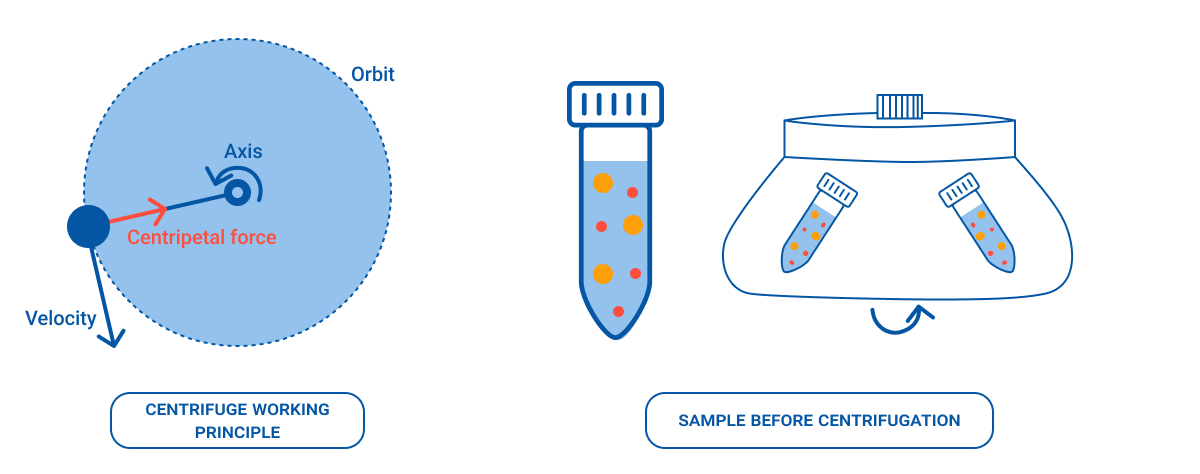 Diagram of centrifuge principles. Left: blue circle showing orbit, axis, velocity arrow, and red arrow labeled 'Centripetal force.' Right: a test tube with mixed sample and an illustration of two angled tubes inside a centrifuge rotor before spinning, containing suspended particles.