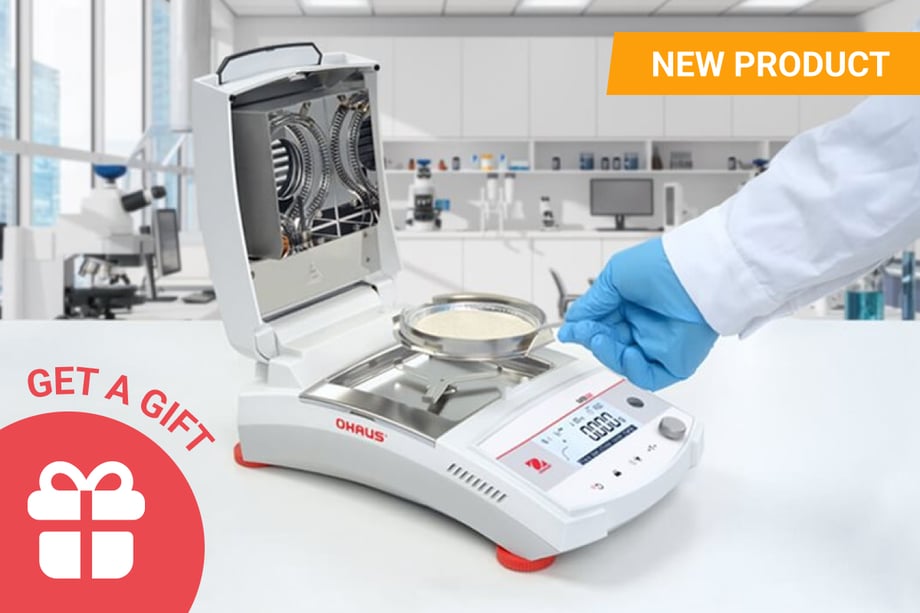 A laboratory scene featuring a moisture analyzer in use, with close-up shots of the device’s interface and the weighing tray. A gloved hand is operating the instrument, and promotional graphics highlight a ‘Get a Gift’ offer and announce it as a ‘New Product’.