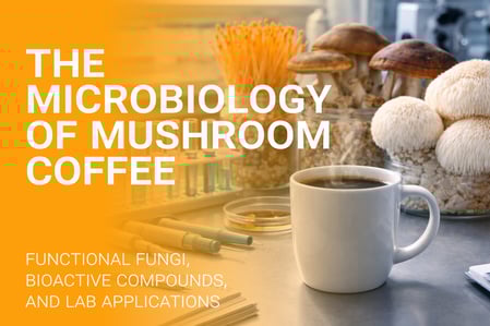 White coffee mug on a laboratory bench with medicinal mushrooms growing in jars behind it, alongside petri dishes, pipettes, and test tubes, overlaid with the title “The Microbiology of Mushroom Coffee: Functional Fungi, Bioactive Compounds, and Lab Applications.”