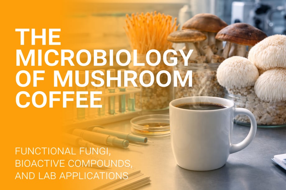 White coffee mug on a laboratory bench with medicinal mushrooms growing in jars behind it, alongside petri dishes, pipettes, and test tubes, overlaid with the title “The Microbiology of Mushroom Coffee: Functional Fungi, Bioactive Compounds, and Lab Applications.”