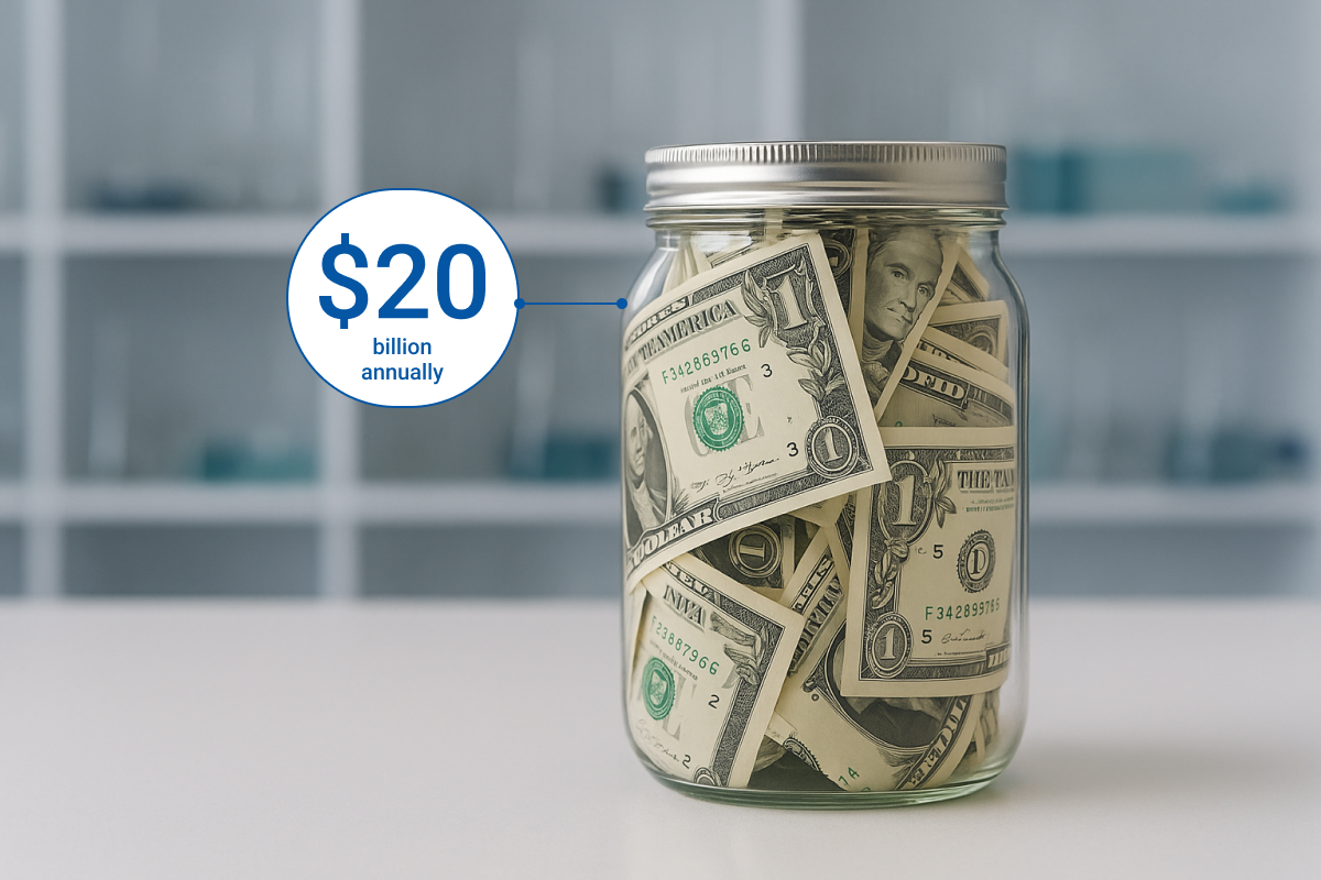 A digital infographic shows a glass jar filled with U.S. dollar bills on a laboratory bench, symbolizing the $20 billion annual cost of work-related musculoskeletal disorders in laboratories. The text emphasizes the significant impact of laboratory injuries, with the background featuring a blurred laboratory environment.