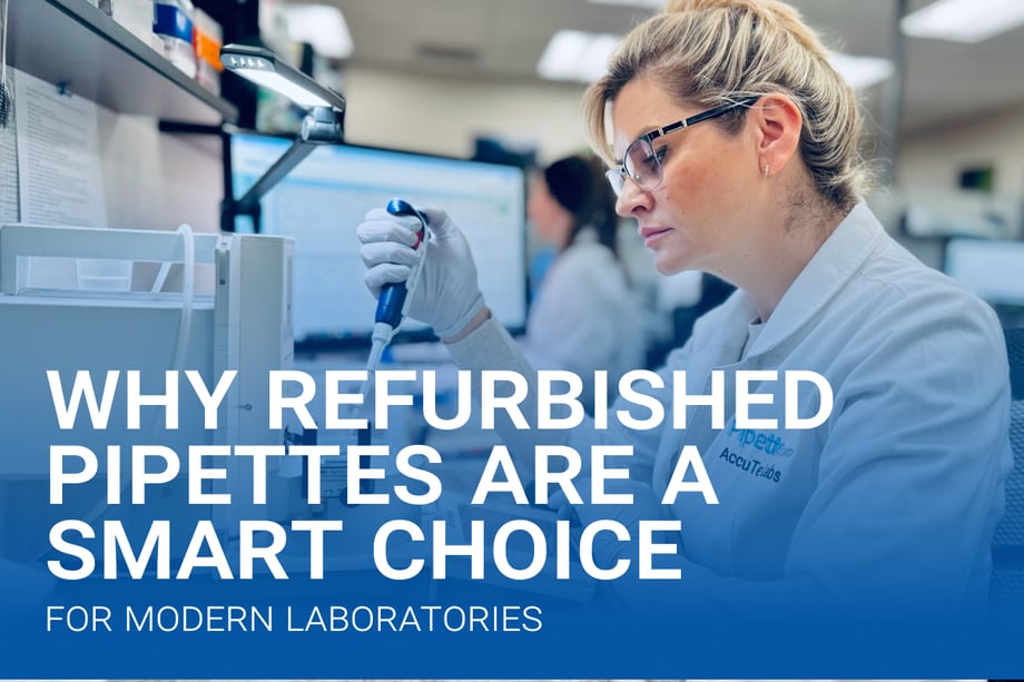 Scientist using a micropipette in a laboratory, illustrating refurbished pipettes for modern labs