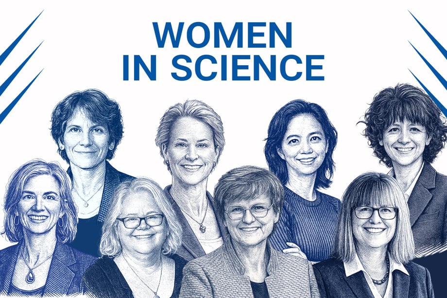 Poster titled “Women in Science” featuring a group of eight women illustrated in a blue engraving style. The women are shown from the shoulders up, smiling and facing forward, arranged in two rows. They vary in age, hairstyle, and appearance, wearing professional clothing such as blazers, sweaters, and glasses. The background is white, and the title “WOMEN IN SCIENCE” appears in bold blue capital letters above the group, emphasizing diversity, professionalism, and representation in science.