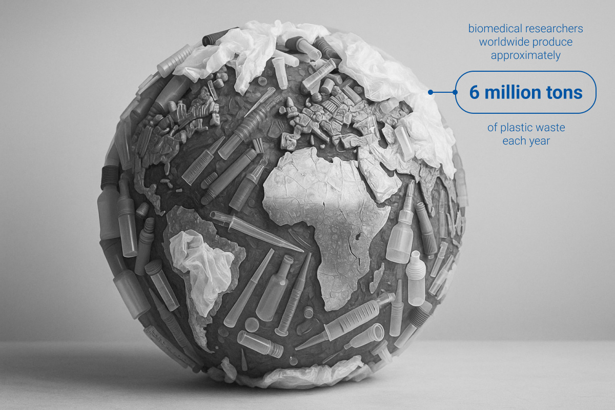Model of Earth covered in pipette tips and plastic waste highlighting 6 million tons of annual biomedical lab plastic waste