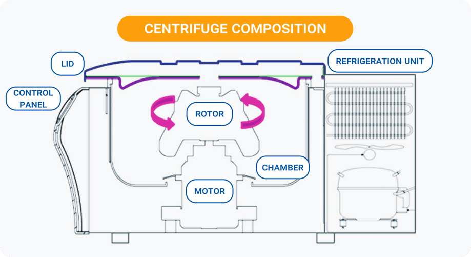 Labeled diagram of a centrifuge showing its main components: lid, control panel, rotor, chamber, motor, and refrigeration unit, with arrows indicating rotor rotation inside the chamber.