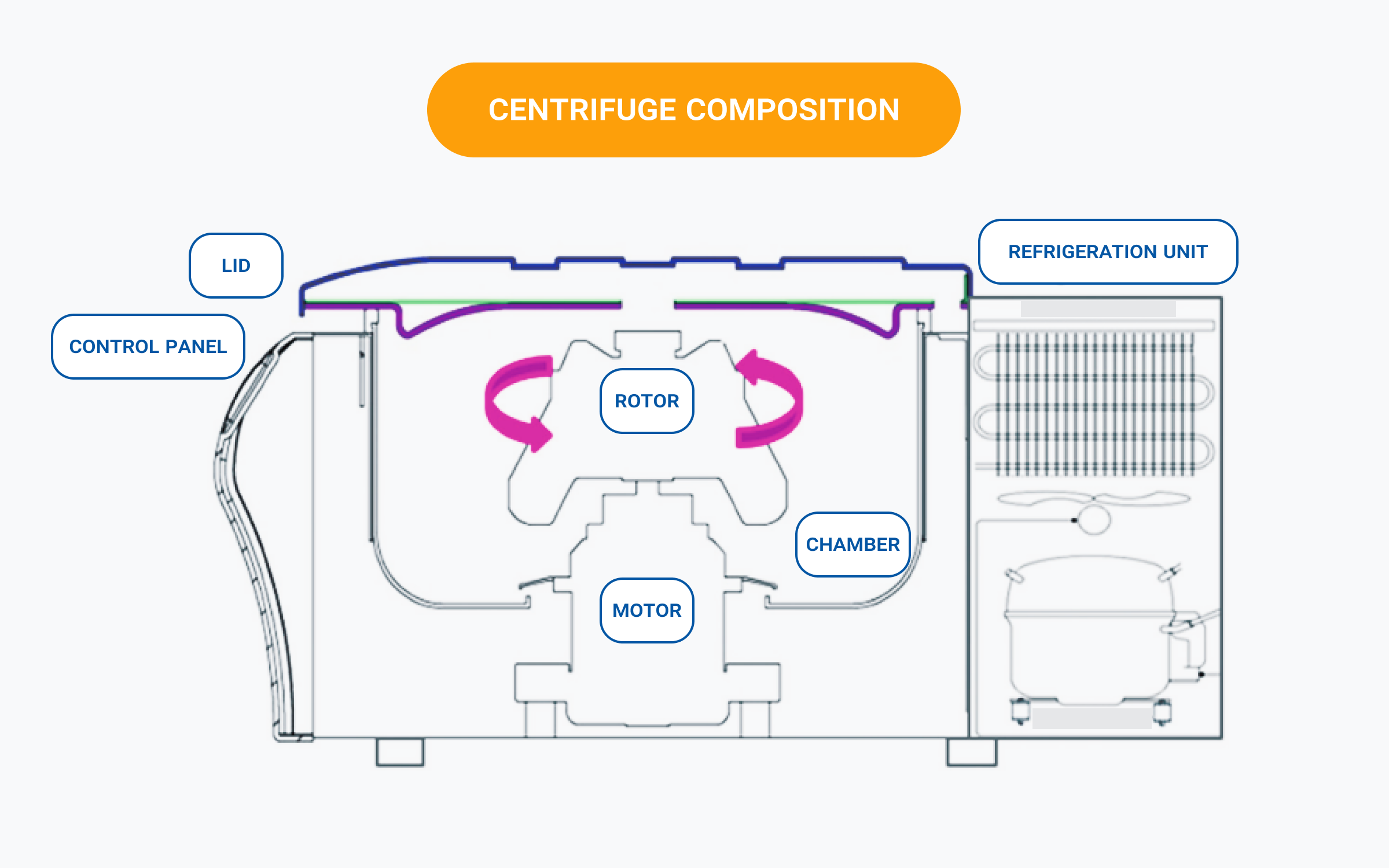 Diagram labeled 'Centrifuge Composition' showing internal components of a centrifuge in cross-section. Parts include lid, control panel, rotor (with rotation arrows), chamber, motor, and refrigeration unit with coils and fan, all outlined and labeled in blue with an orange title bar.