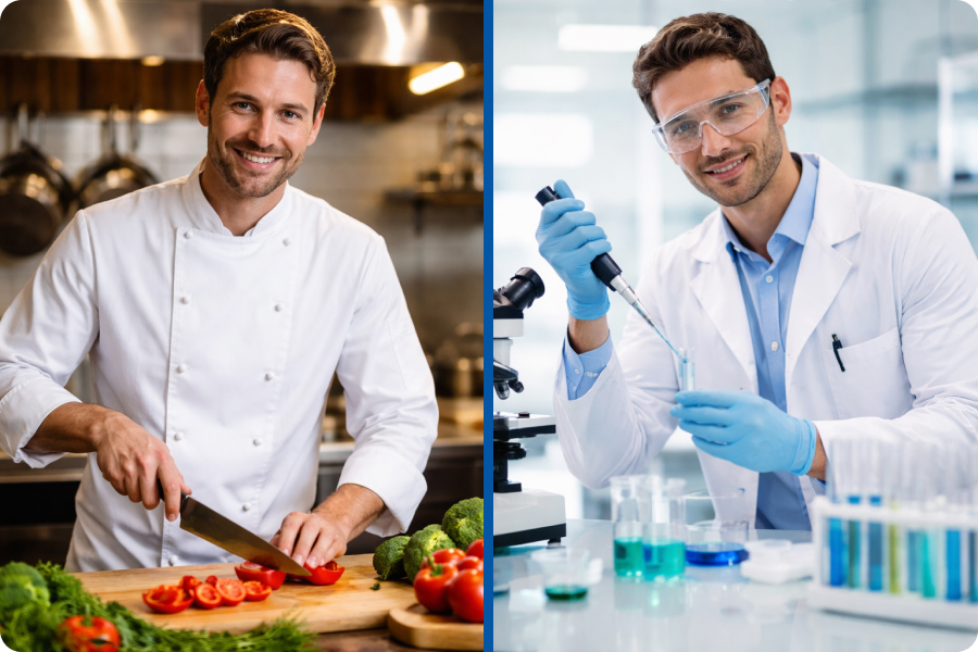 Split image showing a chef chopping vegetables in a kitchen and a scientist using a micropipette in a laboratory, illustrating the similarity between cooking and scientific experiments.