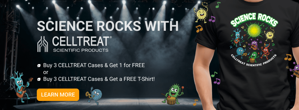 Promotional banner for CELLTREAT’s “Science Rocks” campaign. The image features a concert stage background with spotlights, animated lab-themed cartoon characters playing musical instruments, and a person wearing a black “SCIENCE ROCKS” T-shirt decorated with colorful microbes. Text on the banner reads: “SCIENCE ROCKS WITH CELLTREAT SCIENTIFIC PRODUCTS – Buy 3 CELLTREAT Cases & Get 1 for FREE or Buy 3 CELLTREAT Cases & Get a FREE T-Shirt!” A yellow “LEARN MORE” button is also visible.