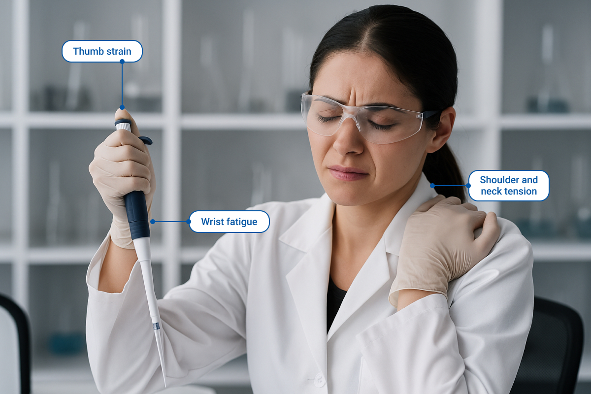 A female laboratory technician in a white lab coat and safety glasses working with a pipette. The images highlight her physical discomfort with labeled indicators showing 'Thumb strain', 'Wrist fatigue', and 'Shoulder and neck tension', illustrating the ergonomic challenges of pipetting.