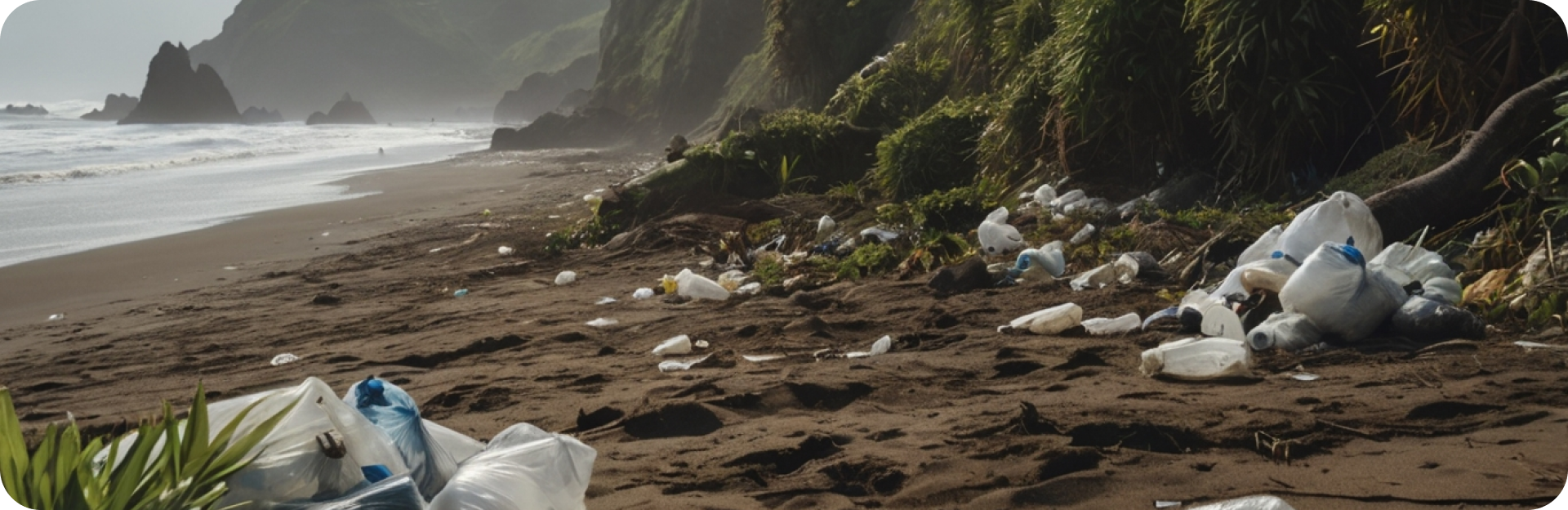 "Plastic pollution scattered across a coastal beach with rocky cliffs and ocean waves in the background, highlighting the environmental impact of plastic waste.