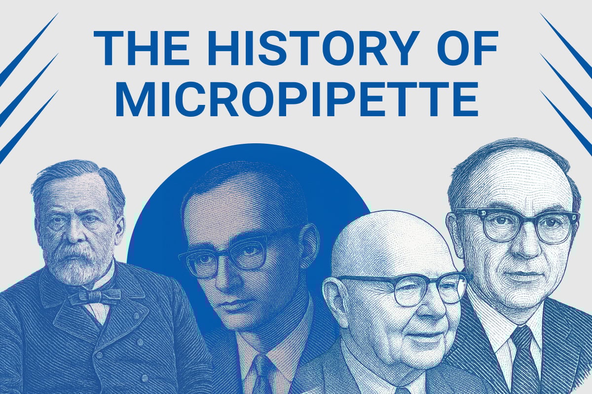 Portraits of Louis Pasteur, Heinrich Schnitger, Warren Gilson, and Henry Lardy beneath the headline 'The History of Micropipette'